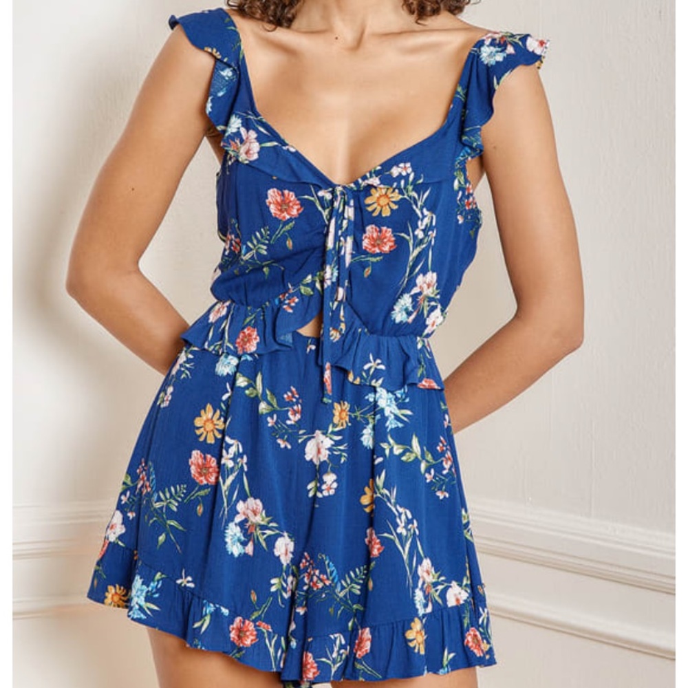 Lulu’s Frills Forever Blue floral cutout ruffled romper